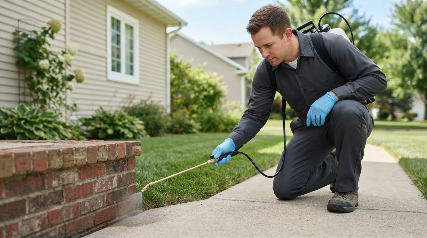 Pest control technician treating a home near Donnellson, IA