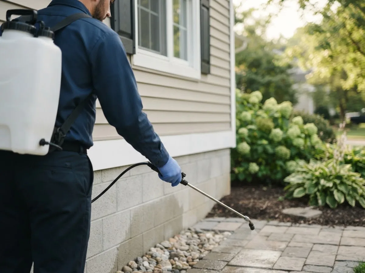 Pest control technician inspecting a home in Donnellson, IA